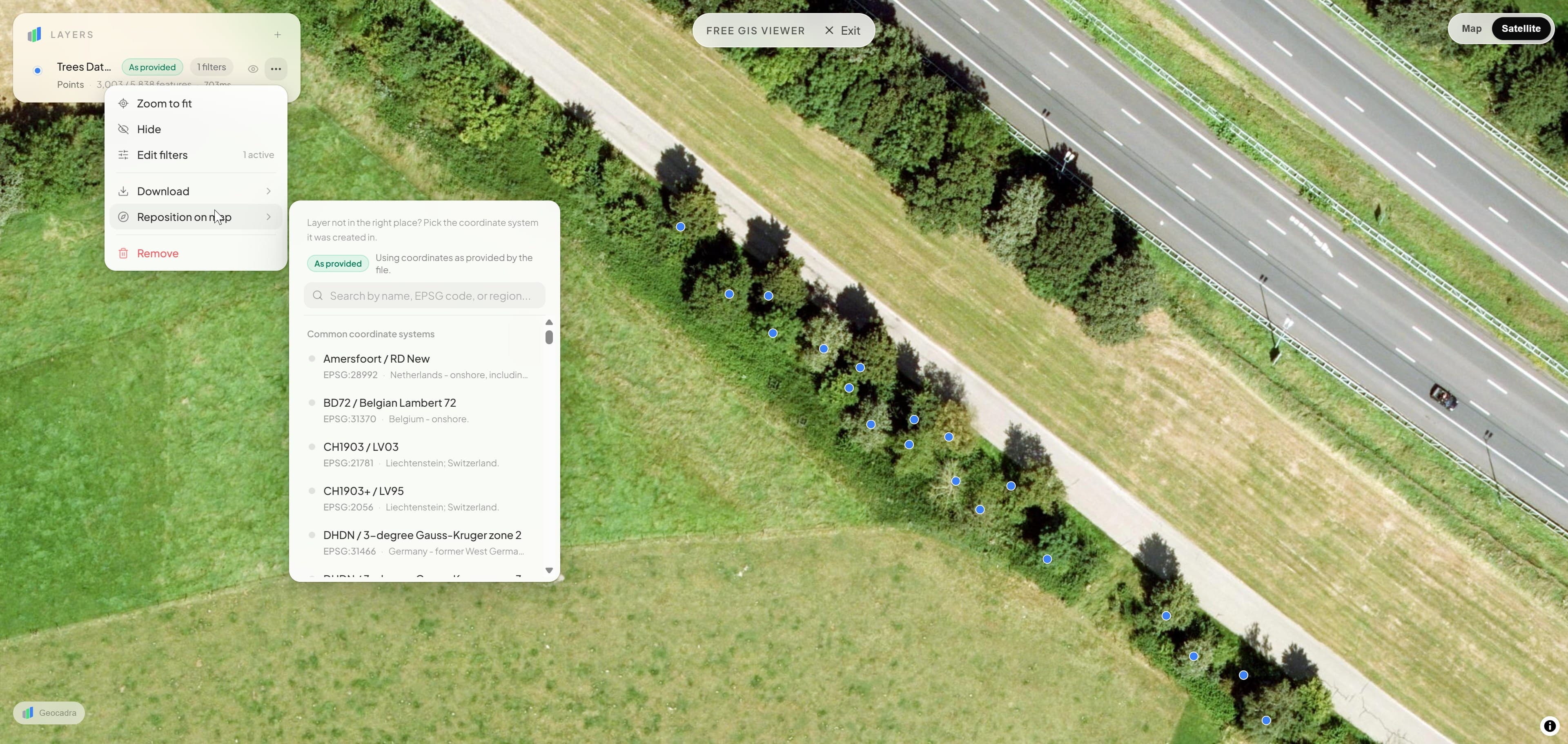 Satellite basemap view with coordinate system picker open